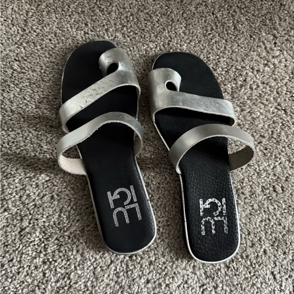 Silver Black Slide Sandals with Metallic Straps